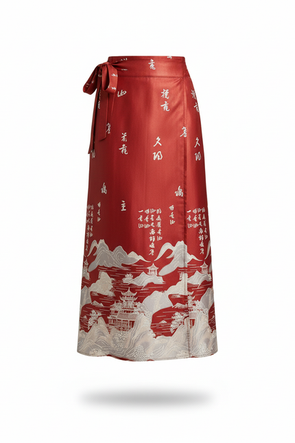 Jupe Longue Rouge À Motif Chinois Élégante