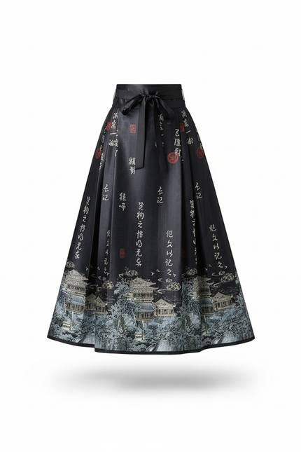 Jupe Longue Plissée Imprimé Chinois Élégante
