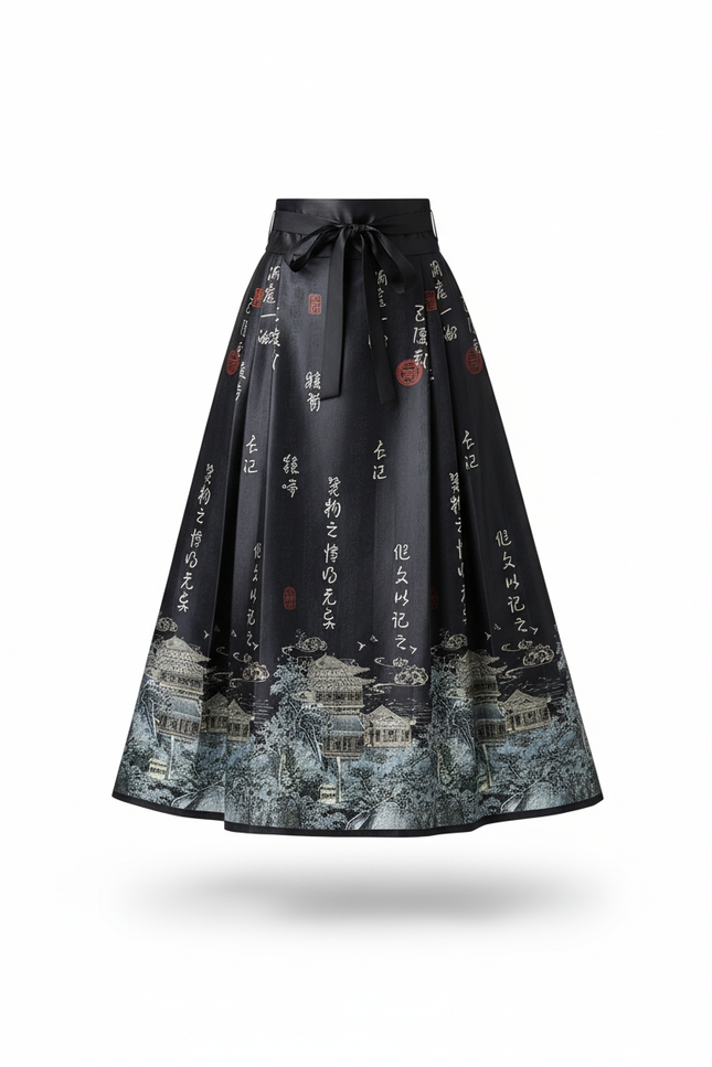 Jupe Longue Plissée Imprimé Chinois Élégante