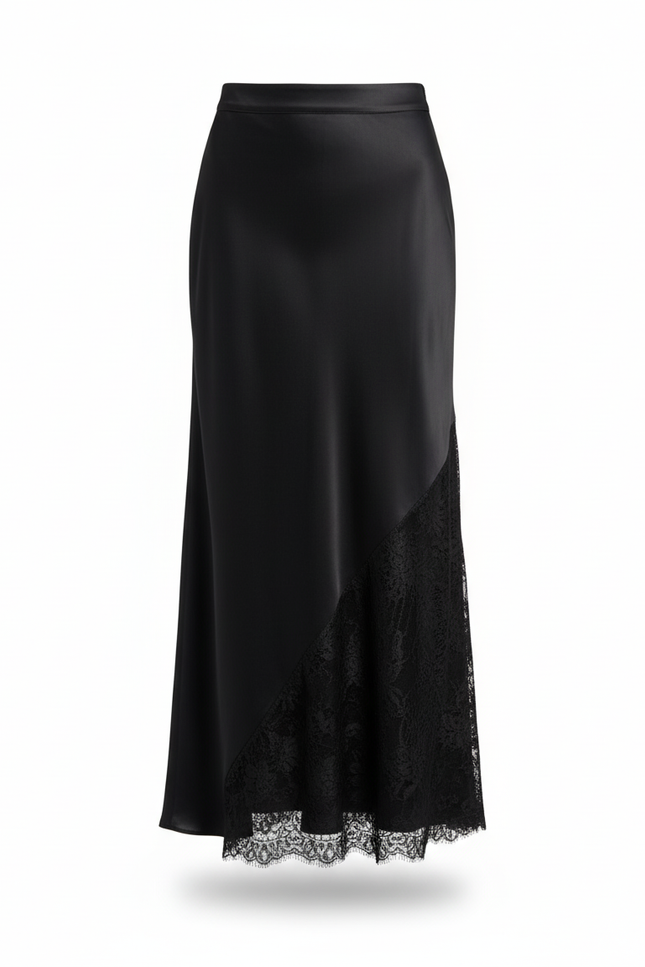 Jupe Longue Noire Dentelle Asymétrique Élégante