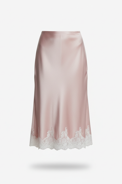 Jupe Longue Satin Rose Dentelle Élégante