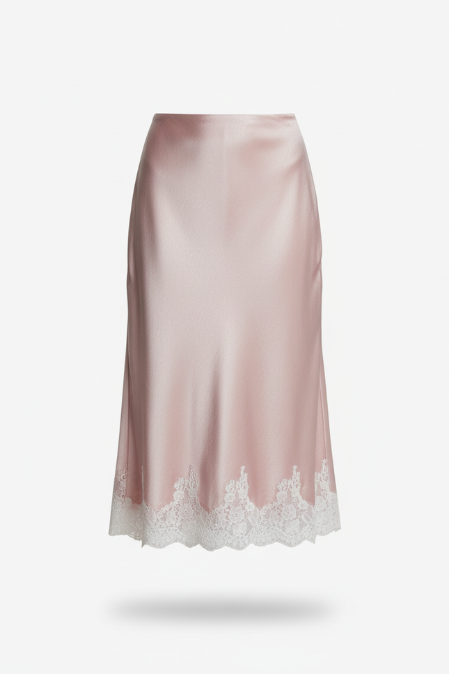 Jupe Longue Satin Rose Dentelle Élégante
