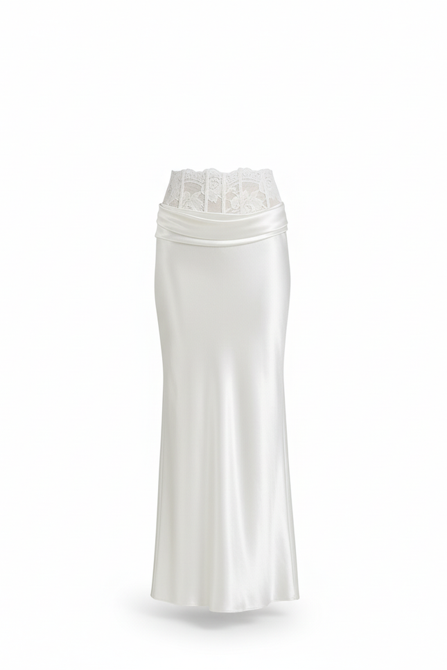 Jupe Longue Blanche Satinée Dentelle Élégante