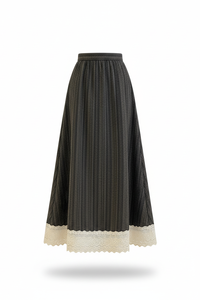 Jupe Longue Grise Côtelée Dentelle Élégante