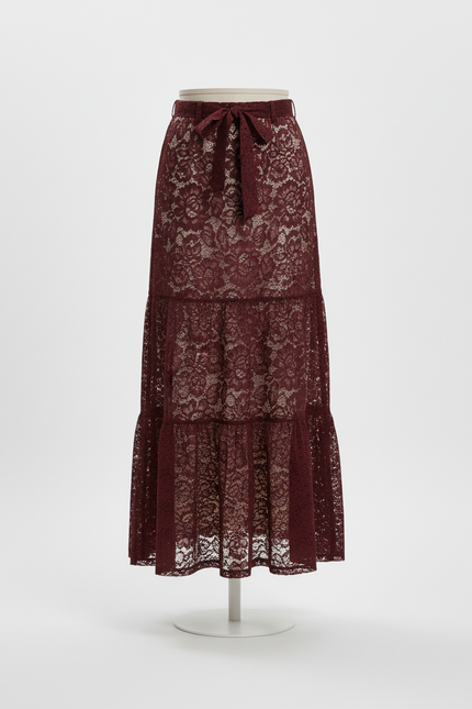 Jupe Longue Dentelle Bordeaux Élégante