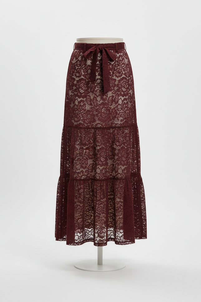 Jupe Longue Dentelle Bordeaux Élégante