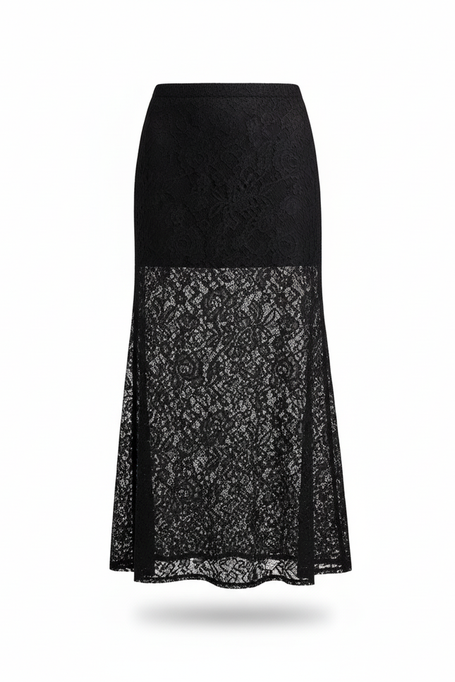 Jupe Longue Noire Dentelle Transparente Élégante