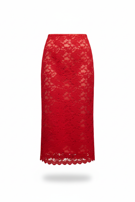 Jupe Longue Rouge Dentelle Élégante