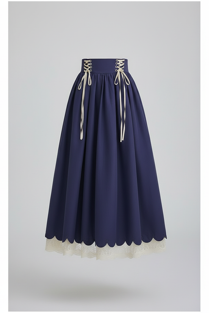 Jupe Longue Bleu Marine Lacets Vintage