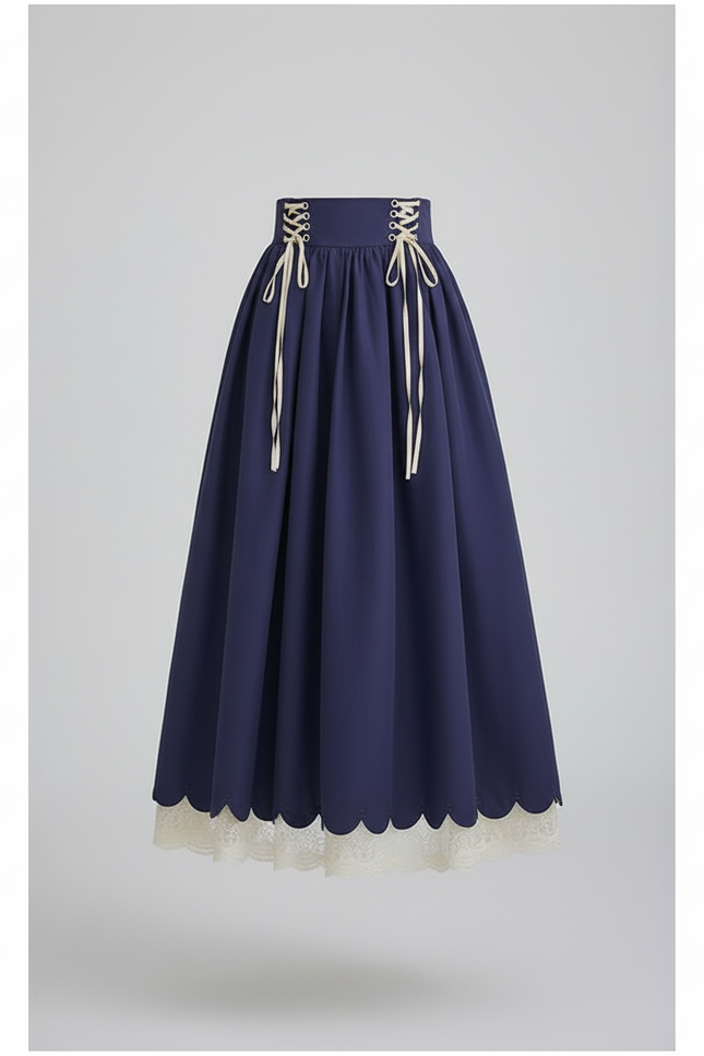 Jupe Longue Bleu Marine Lacets Vintage