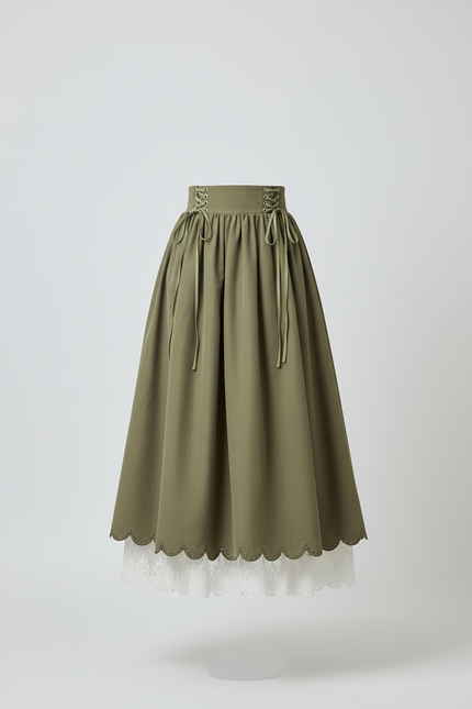 Jupe Longue Kaki Taille Lacée Vintage