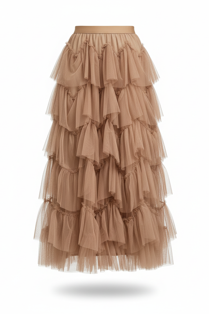 Jupe Longue Beige Tulle Volants Élégante