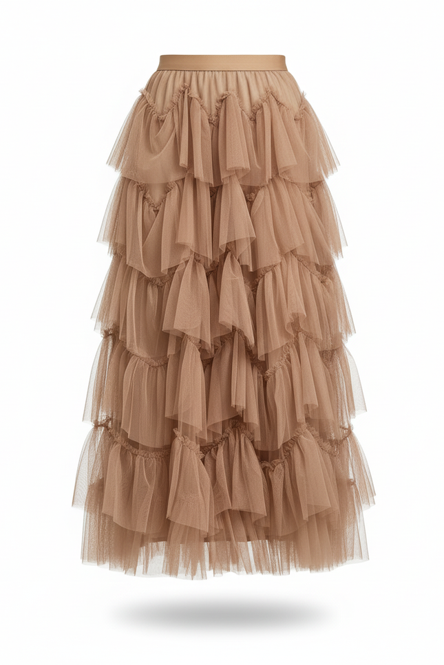 Jupe Longue Beige Tulle Volants Élégante