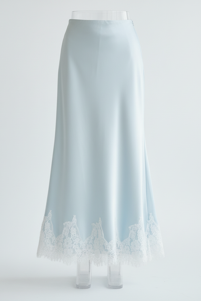 Jupe Longue Satin Dentelle Bleue Chic