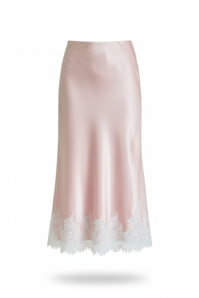 Jupe Longue Rose Satin Dentelle Élégante