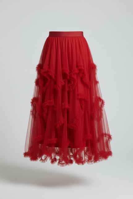 Jupe Longue Tulle Rouge Asymétrique Chic