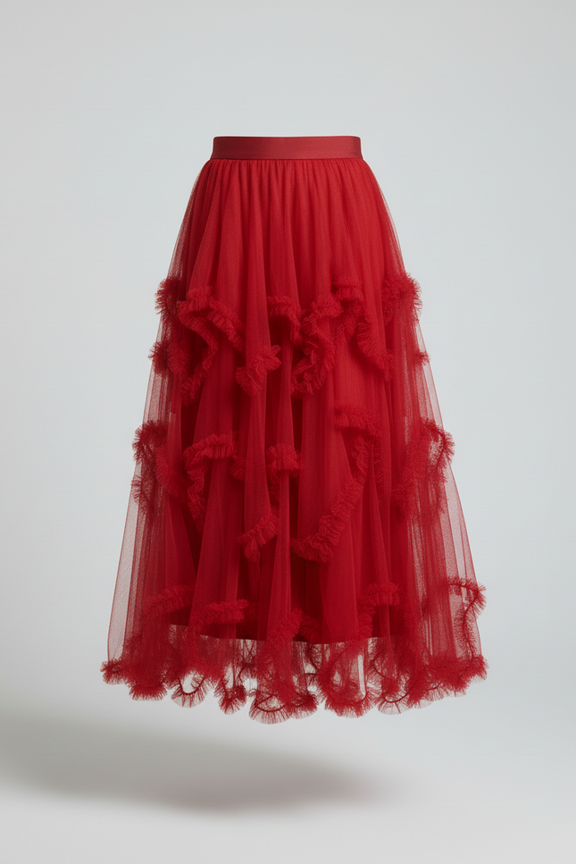 Jupe Longue Tulle Rouge Asymétrique Chic