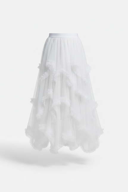 Jupe Longue Blanche Tulle Volants Élégante