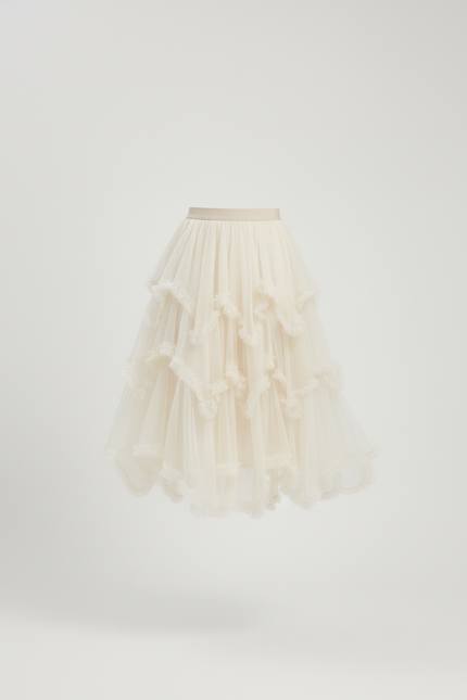 Jupe Longue Tulle Beige Volants Élégante