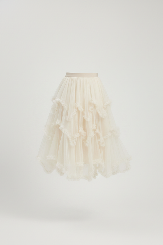Jupe Longue Tulle Beige Volants Élégante
