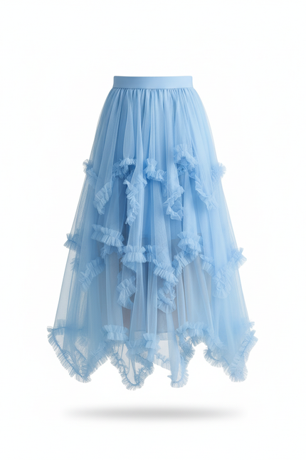 Jupe Longue Tulle Bleue Volants Fluide