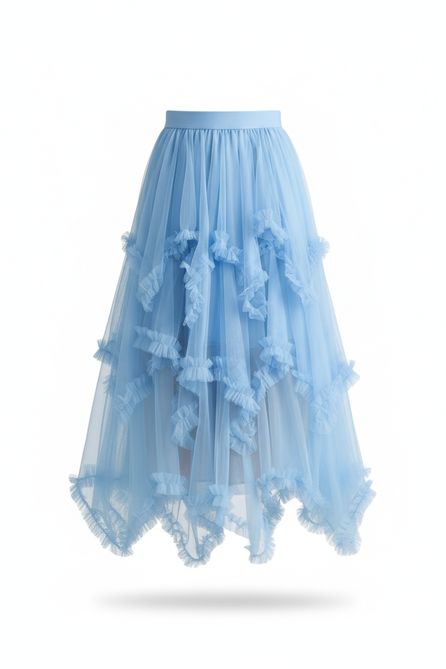 Jupe Longue Tulle Bleue Volants Fluide