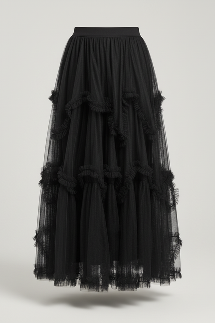 Jupe Longue Noire Tulle Volants Élégante