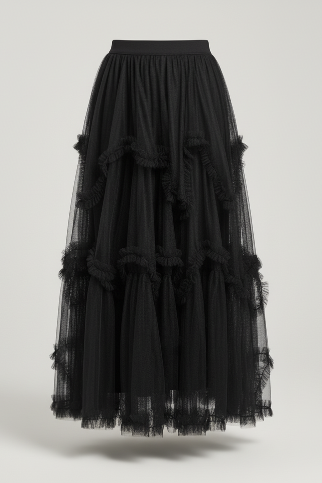 Jupe Longue Noire Tulle Volants Élégante