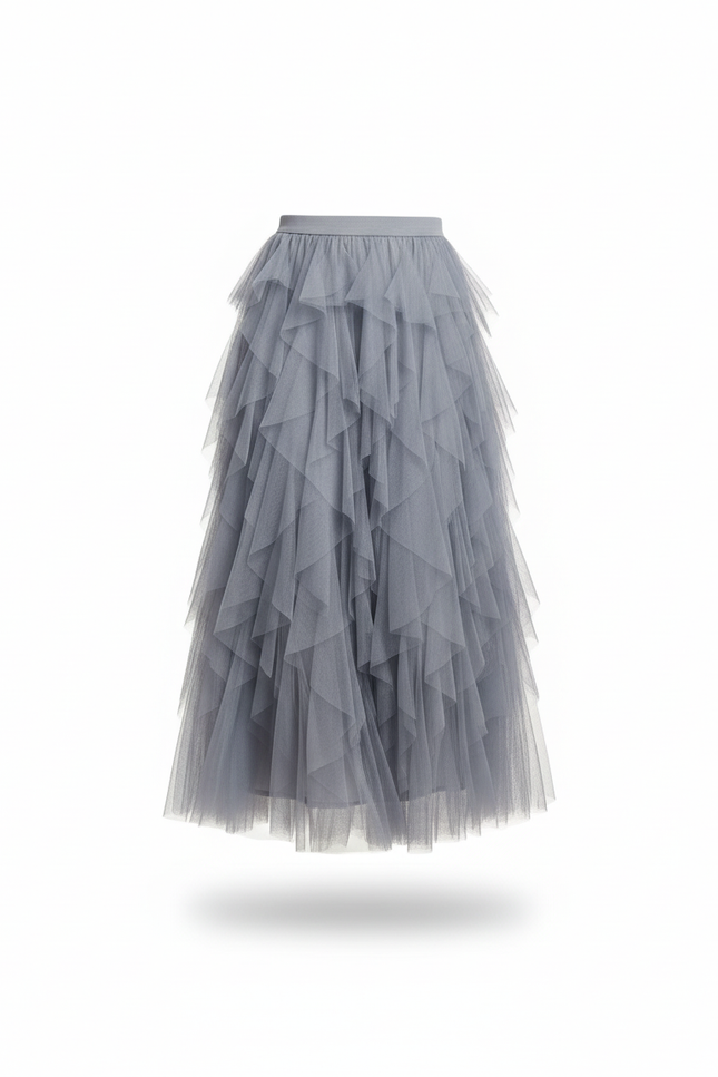 Jupe Longue Tulle Bleu Gris Fluide