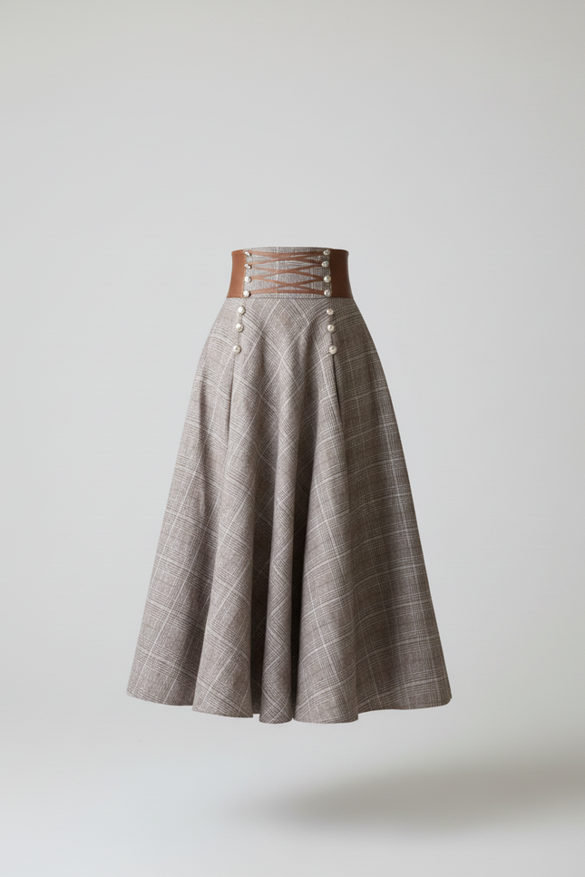 Jupe Longue Chic Carreaux Taille Haute